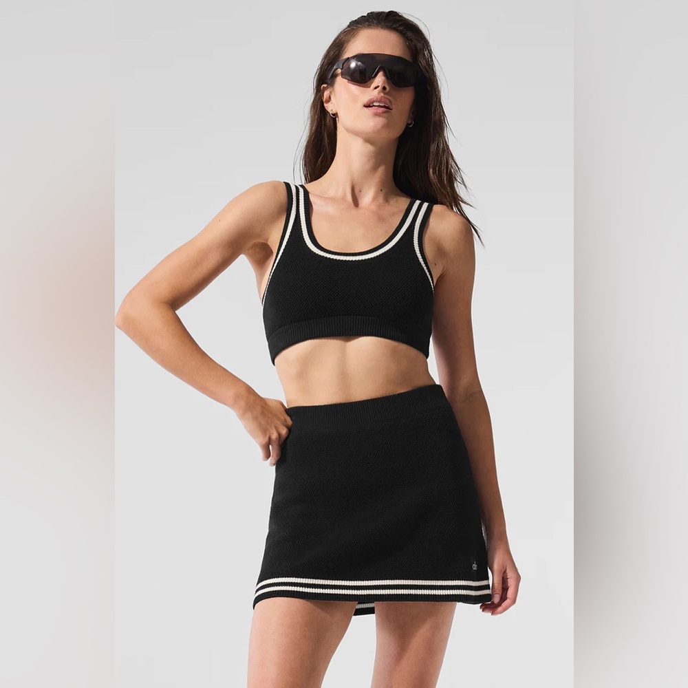 Alo Black Knit Tennis Skirt and Bra SET